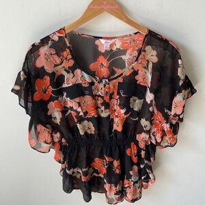 Candie's Black Floral Sheer Top, Size S